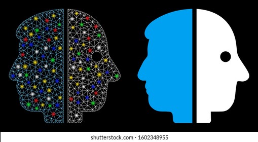 Glowing mesh dual face icon with glow effect. Abstract illuminated model of dual face. Shiny wire carcass polygonal mesh dual face icon. Vector abstraction on a black background.