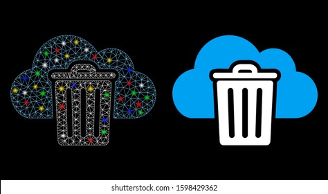 Glowing mesh dust bin icon with glitter effect. Abstract illuminated model of dust bin. Shiny wire carcass polygonal mesh dust bin icon. Vector abstraction on a black background.