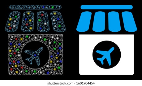 Glowing mesh duty free icon with sparkle effect. Abstract illuminated model of duty free. Shiny wire carcass triangular mesh duty free icon. Vector abstraction on a black background.