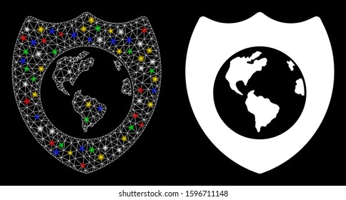 Glowing mesh Earth shield icon with glare effect. Abstract illuminated model of Earth shield. Shiny wire frame polygonal mesh Earth shield icon. Vector abstraction on a black background.