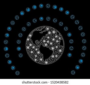 Glowing mesh Earth sphere shield with glitter effect. Abstract illuminated model of Earth sphere shield icon. Shiny wire frame polygonal mesh Earth sphere shield.