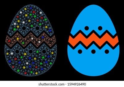 Glowing mesh easter egg icon with glare effect. Abstract illuminated model of easter egg. Shiny wire frame polygonal network easter egg icon. Vector abstraction on a black background.