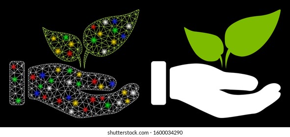 Glowing mesh eco startup hand icon with glitter effect. Abstract illuminated model of eco startup hand. Shiny wire carcass polygonal network eco startup hand icon.