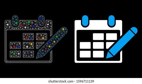Glowing mesh edit calendar table icon with glare effect. Abstract illuminated model of edit calendar table. Shiny wire carcass triangular mesh edit calendar table icon.
