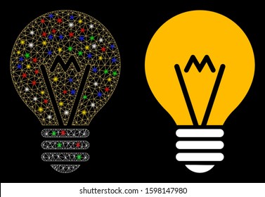 Glowing mesh electric bulb icon with glow effect. Abstract illuminated model of electric bulb. Shiny wire carcass polygonal network electric bulb icon. Vector abstraction on a black background.