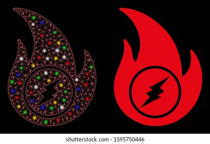 Glowing mesh electric flame icon with glitter effect. Abstract illuminated model of electric flame. Shiny wire frame polygonal mesh electric flame icon. Vector abstraction on a black background.