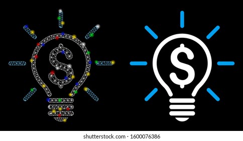 Glowing mesh electric light price icon with glare effect. Abstract illuminated model of electric light price. Shiny wire frame polygonal mesh electric light price icon.