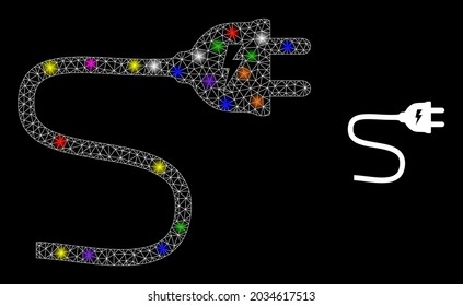 Glowing mesh electric plug cable constellation icon with lightspots. Illuminated vector constellation based on electric plug cable pictogram.