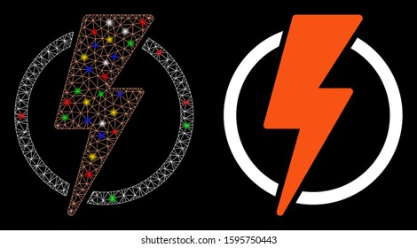 Glowing mesh electric power icon with sparkle effect. Abstract illuminated model of electric power. Shiny wire frame triangular mesh electric power icon. Vector abstraction on a black background.