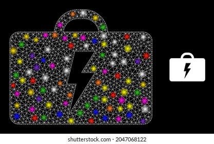 Glowing mesh electric toolbox constellation icon with lightspots. Illuminated vector model based on electric toolbox pictogram. Sparkle frame mesh electric toolbox on a black background.