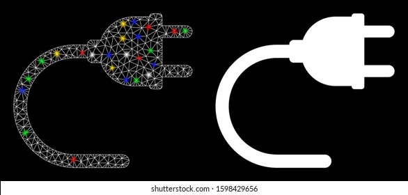 Glowing mesh electrical cord icon with lightspot effect. Abstract illuminated model of electrical cord. Shiny wire carcass triangular mesh electrical cord icon.