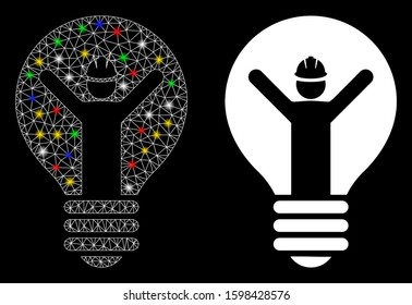 Glowing mesh electrician icon with lightspot effect. Abstract illuminated model of electrician. Shiny wire frame polygonal network electrician icon. Vector abstraction on a black background.