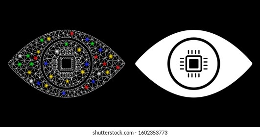 Glowing mesh electronic vision icon with sparkle effect. Abstract illuminated model of electronic vision. Shiny wire carcass triangular mesh electronic vision icon.