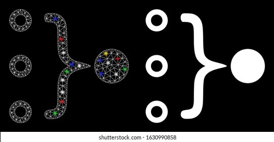 Glowing mesh element aggregation icon with glare effect. Abstract illuminated model of element aggregation. Shiny wire carcass triangular network element aggregation icon.