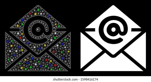 Glowing mesh email icon with glare effect. Abstract illuminated model of email. Shiny wire carcass polygonal mesh email icon. Vector abstraction on a black background.