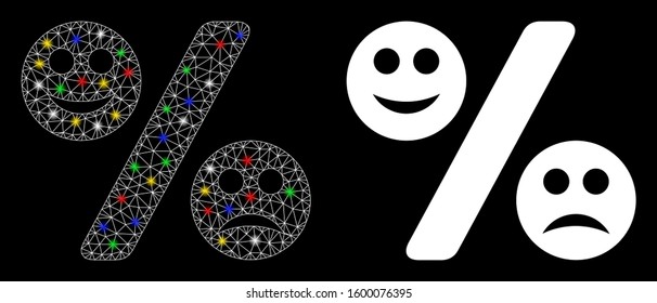 Glowing mesh emotion percent icon with glare effect. Abstract illuminated model of emotion percent. Shiny wire frame polygonal mesh emotion percent icon. Vector abstraction on a black background.