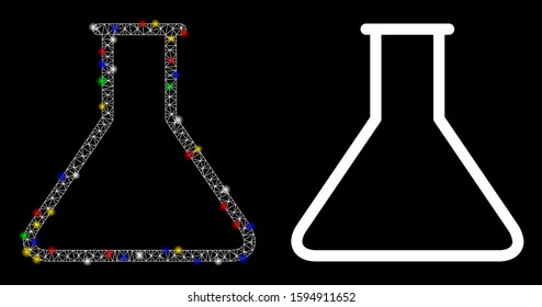Glowing mesh empty wide retort icon with glare effect. Abstract illuminated model of empty wide retort. Shiny wire frame polygonal mesh empty wide retort icon.