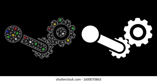Glowing mesh engine icon with lightspot effect. Abstract illuminated model of engine. Shiny wire frame polygonal mesh engine icon. Vector abstraction on a black background.