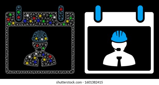 Glowing mesh engineer calendar page icon with lightspot effect. Abstract illuminated model of engineer calendar page. Shiny wire carcass polygonal network engineer calendar page icon.