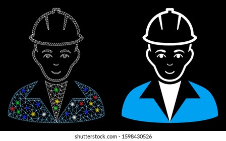 Glowing mesh engineer icon with lightspot effect. Abstract illuminated model of engineer. Shiny wire carcass polygonal network engineer icon. Vector abstraction on a black background.