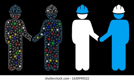Glowing mesh engineer persons handshake icon with glare effect. Abstract illuminated model of engineer persons handshake. Shiny wire carcass triangular mesh engineer persons handshake icon.