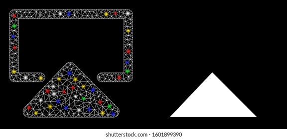Glowing mesh enter icon with glare effect. Abstract illuminated model of enter. Shiny wire frame triangular mesh enter icon. Vector abstraction on a black background.