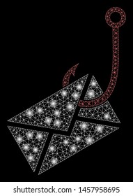Glowing mesh envelope phishing hook with lightspot effect. Abstract illuminated model of envelope phishing hook icon. Shiny wire frame triangular mesh envelope phishing hook.