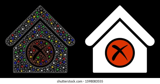 Glowing mesh erase building icon with glare effect. Abstract illuminated model of erase building. Shiny wire carcass polygonal network erase building icon. Vector abstraction on a black background.
