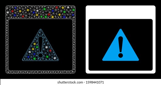 Glowing mesh error calendar page icon with sparkle effect. Abstract illuminated model of error calendar page. Shiny wire frame triangular mesh error calendar page icon.