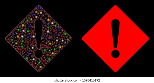 Glowing mesh error icon with glitter effect. Abstract illuminated model of error. Shiny wire carcass polygonal network error icon. Vector abstraction on a black background.