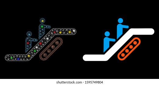 Glowing mesh escalator icon with lightspot effect. Abstract illuminated model of escalator. Shiny wire carcass polygonal mesh escalator icon. Vector abstraction on a black background.