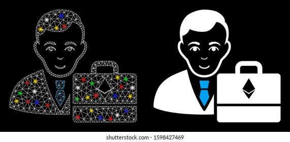 Glowing mesh Ethereum accounter icon with lightspot effect. Abstract illuminated model of Ethereum accounter. Shiny wire carcass triangular mesh Ethereum accounter icon.