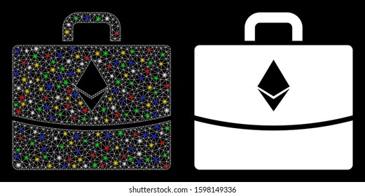 Glowing mesh Ethereum accounting case icon with lightspot effect. Abstract illuminated model of Ethereum accounting case. Shiny wire frame polygonal mesh Ethereum accounting case icon.