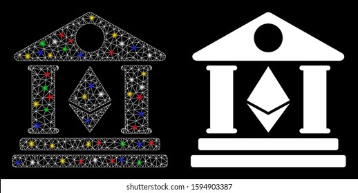 Glowing mesh Ethereum bank building icon with glare effect. Abstract illuminated model of Ethereum bank building. Shiny wire carcass polygonal mesh Ethereum bank building icon.