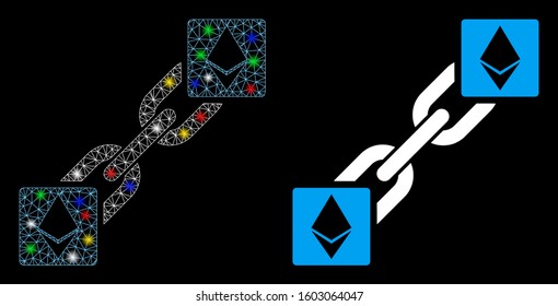 Glowing mesh Ethereum blockchain icon with glitter effect. Abstract illuminated model of Ethereum blockchain. Shiny wire frame triangular mesh Ethereum blockchain icon.