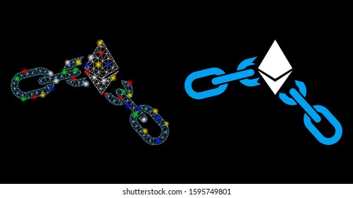 Glowing mesh Ethereum broken chain icon with lightspot effect. Abstract illuminated model of Ethereum broken chain. Shiny wire frame polygonal mesh Ethereum broken chain icon.