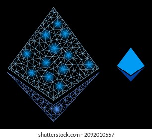 Glowing mesh ethereum crystal web icon with illuminated spots. Illuminated model is done from ethereum crystal vector icon. Glowing carcass web polygonal ethereum crystal, on a black background.