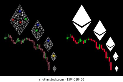 Glowing mesh Ethereum deflation chart icon with sparkle effect. Abstract illuminated model of Ethereum deflation chart. Shiny wire carcass polygonal network Ethereum deflation chart icon.