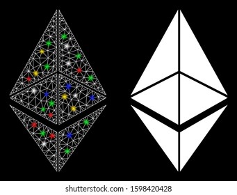 Glowing mesh Ethereum icon with glare effect. Abstract illuminated model of Ethereum. Shiny wire carcass triangular mesh Ethereum icon. Vector abstraction on a black background.