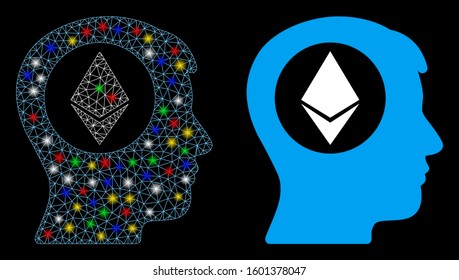 Glowing mesh Ethereum mind icon with glow effect. Abstract illuminated model of Ethereum mind. Shiny wire frame polygonal mesh Ethereum mind icon. Vector abstraction on a black background.