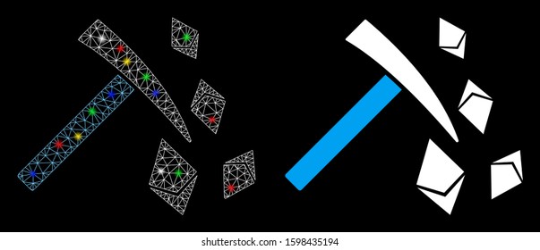 Glowing mesh Ethereum mining hammer icon with glitter effect. Abstract illuminated model of Ethereum mining hammer. Shiny wire carcass polygonal mesh Ethereum mining hammer icon.