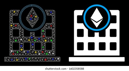 Glowing mesh Ethereum office icon with glow effect. Abstract illuminated model of Ethereum office. Shiny wire carcass polygonal mesh Ethereum office icon. Vector abstraction on a black background.