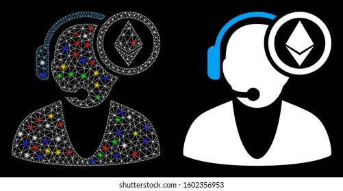 Glowing mesh Ethereum operator icon with glow effect. Abstract illuminated model of Ethereum operator. Shiny wire carcass triangular mesh Ethereum operator icon.