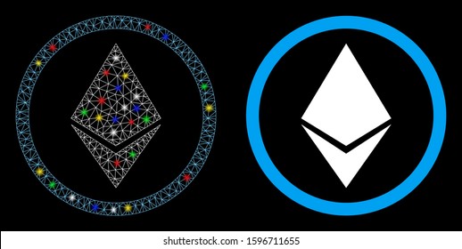 Glowing mesh Ethereum rounded icon with glitter effect. Abstract illuminated model of Ethereum rounded. Shiny wire frame triangular mesh Ethereum rounded icon.