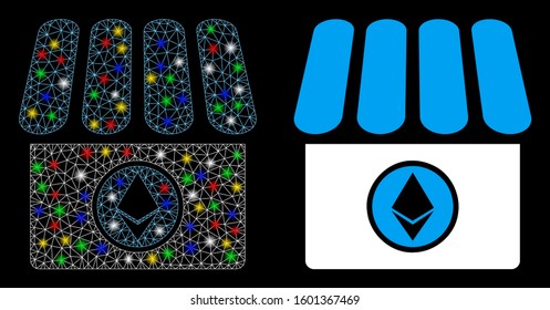 Glowing mesh Ethereum shop icon with glow effect. Abstract illuminated model of Ethereum shop. Shiny wire carcass triangular mesh Ethereum shop icon. Vector abstraction on a black background.