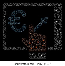 Glowing mesh euro analytics tablet with glare effect. Abstract illuminated model of euro analytics tablet icon. Shiny wire carcass polygonal mesh euro analytics tablet.