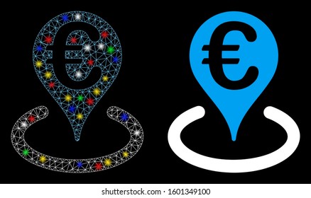 Glowing mesh Euro bank map marker icon with sparkle effect. Abstract illuminated model of Euro bank map marker. Shiny wire frame triangular mesh Euro bank map marker icon.