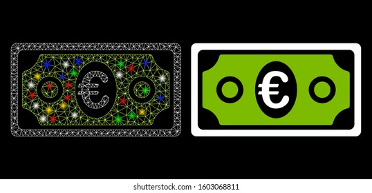 Glowing mesh euro banknote icon with lightspot effect. Abstract illuminated model of euro banknote. Shiny wire frame polygonal mesh euro banknote icon. Vector abstraction on a black background.