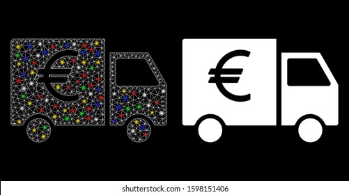 Glowing mesh Euro car icon with sparkle effect. Abstract illuminated model of Euro car. Shiny wire carcass polygonal mesh Euro car icon. Vector abstraction on a black background.