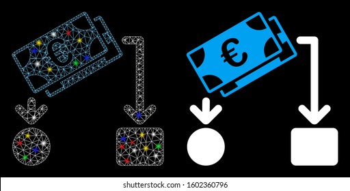 Glowing Mesh Euro Cash Flow Icon With Glow Effect. Abstract Illuminated Model Of Euro Cash Flow. Shiny Wire Frame Triangular Network Euro Cash Flow Icon. Vector Abstraction On A Black Background.